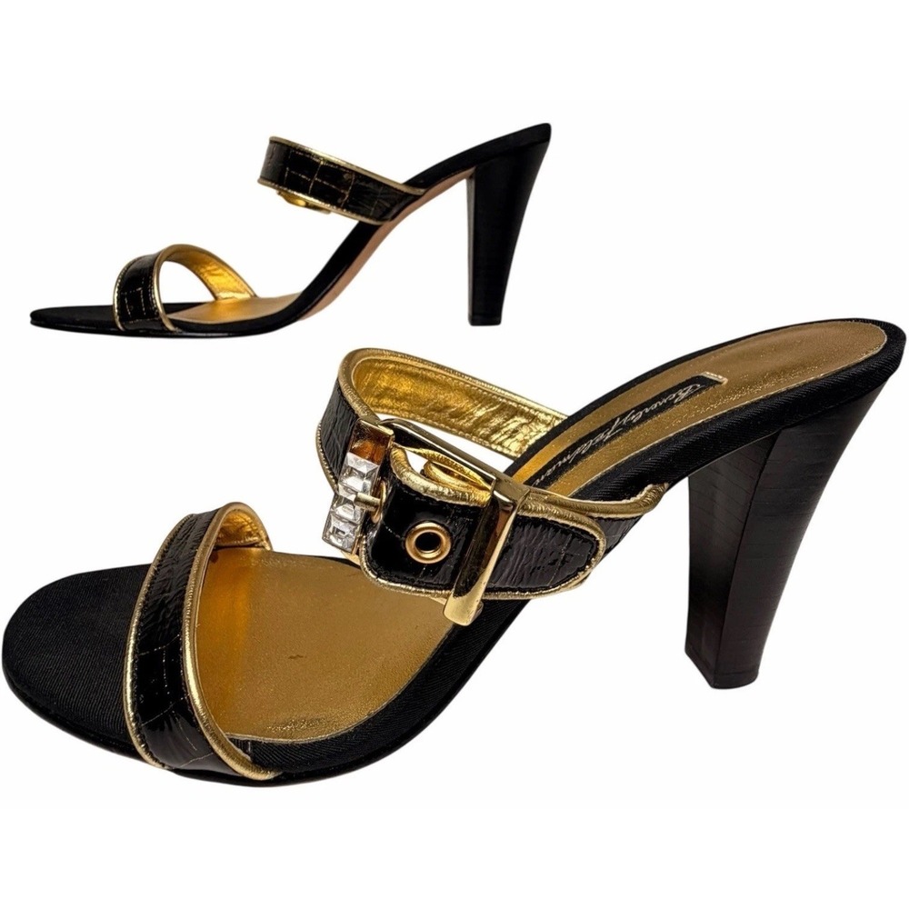 Beverly Feldman Black Gold Croc Patent Mule Heels Ankle Strap Party 8.5